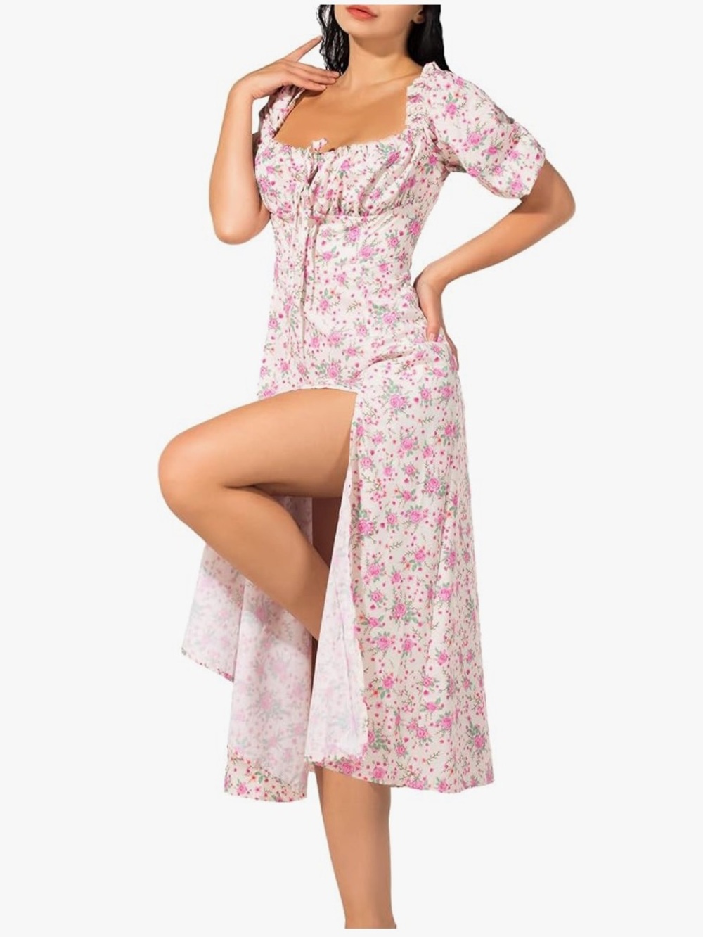 Boho Maxi Dress Ruched Bust & Puff Sleeves Pink Floral 
Size: XXS